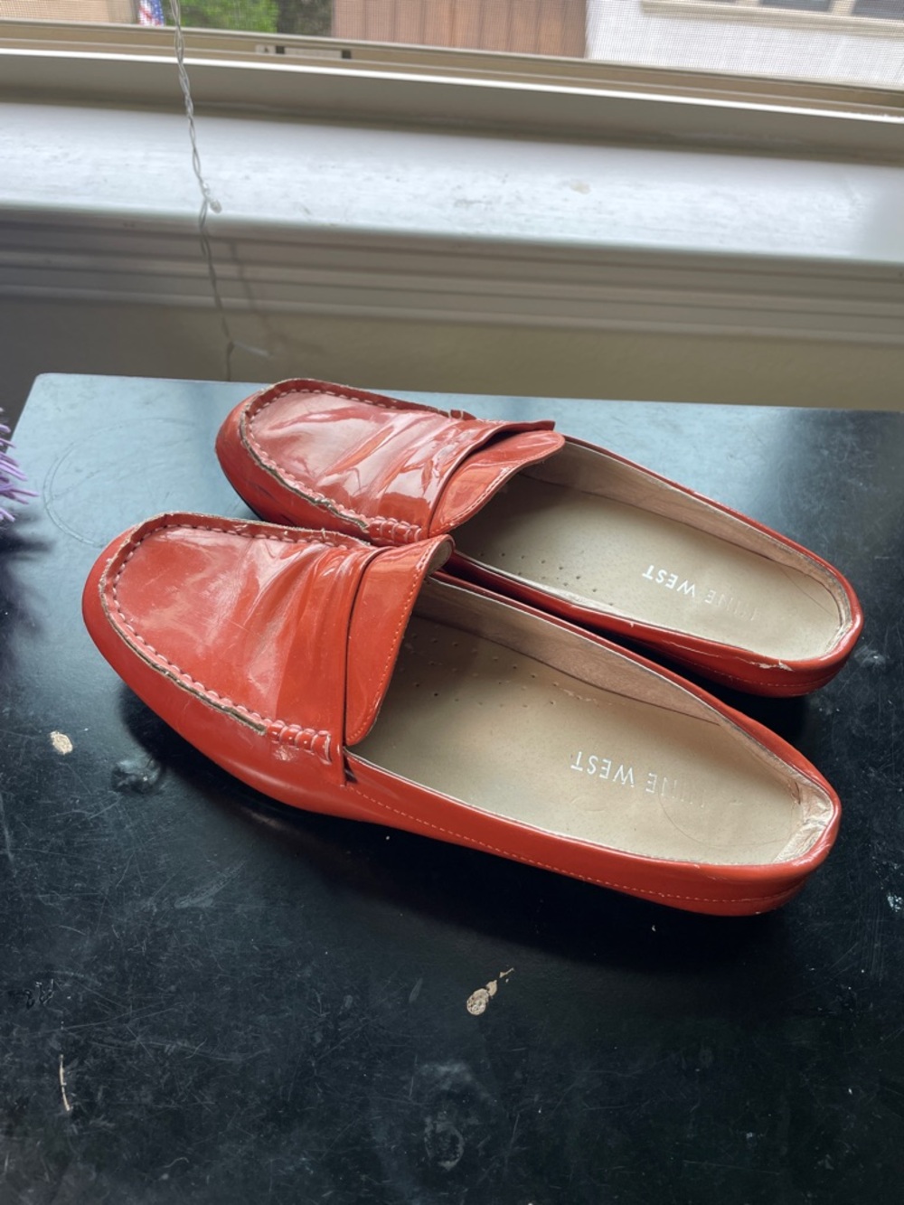 Nine West Shiny Patent Penny Loafers in Vibrant Orange (slip-ons) 8.5